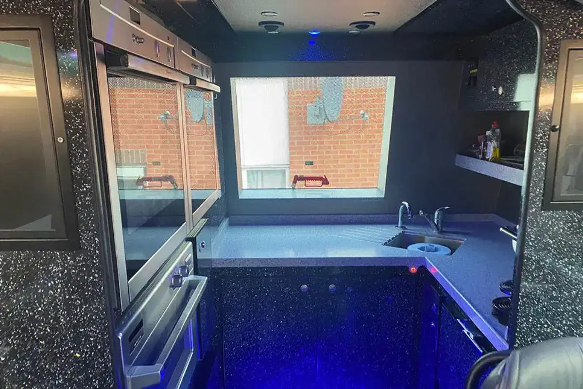 Dedicated interior hospitality and mobile kitchen space layout used by Tranzcare for TV, film, and media production crew catering logistics.